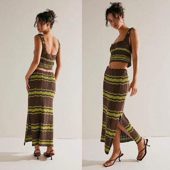 NEW Free People Donni Sweater Set Natural Brown Green Size Small Y2K Retro Boho